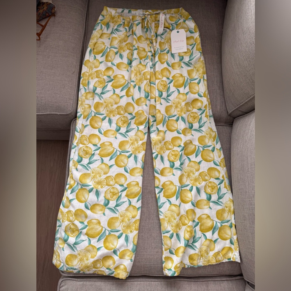 Angel Kiss Linen Yellow Lemon Print Wide-Leg Pants